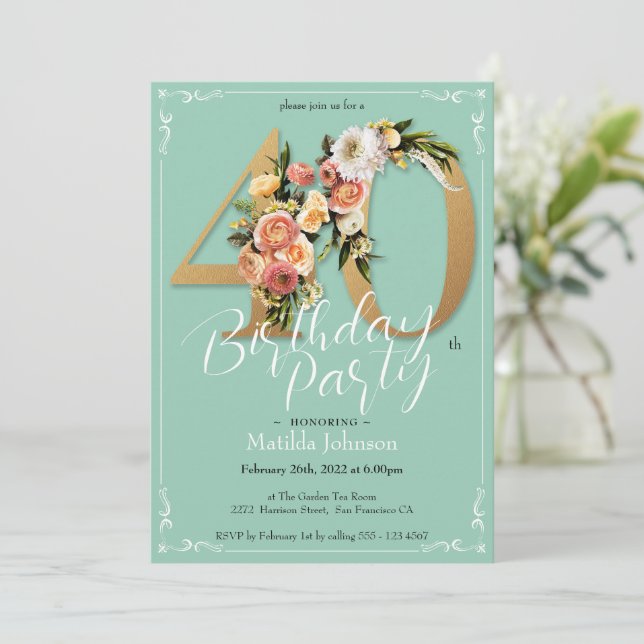 Invitation Plutôt Glamour Mint Or Floral 40e anniversaire (Debout devant)