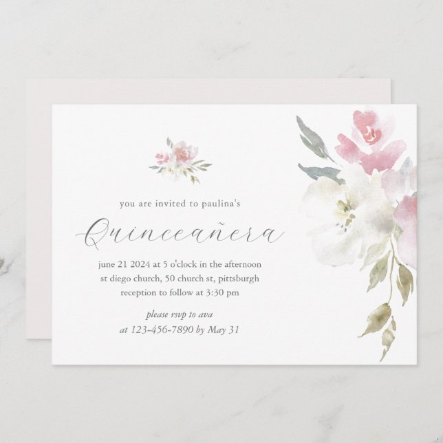 Invitation Plutôt rose Floral 15 Ans Quinceañera (Devant / Derrière)