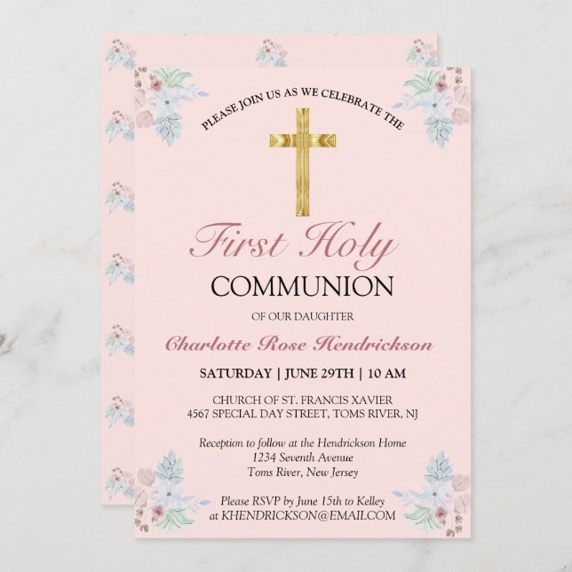 Invitation Plutôt rose Floral Première Communion Sainte (Devant / Derrière)