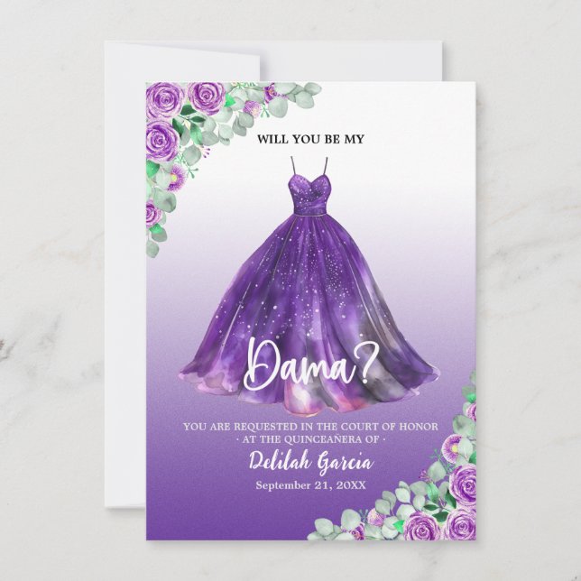 Invitation Plutôt Violet Formal Quinceañera Dama Proposition (Devant)