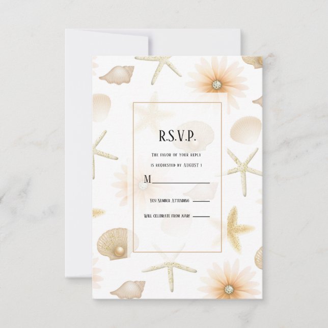 Invitation Poche Beach Seashells Fleurs Mariage moderne RSVP (Devant)