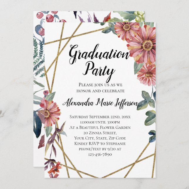Invitation Poche Coral Zinnia Flower Girls Graduation Party (Devant / Derrière)