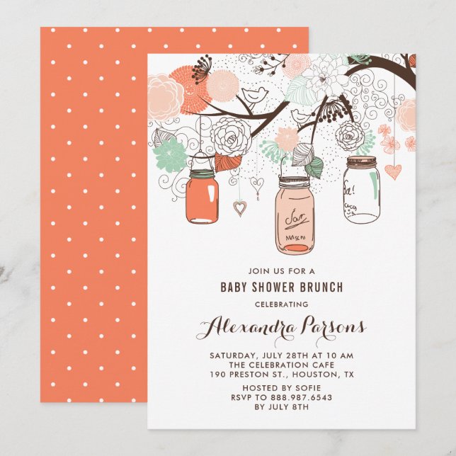 Invitation Poche & Mint Mason Jarres Baby shower Floral Brunc (Devant / Derrière)