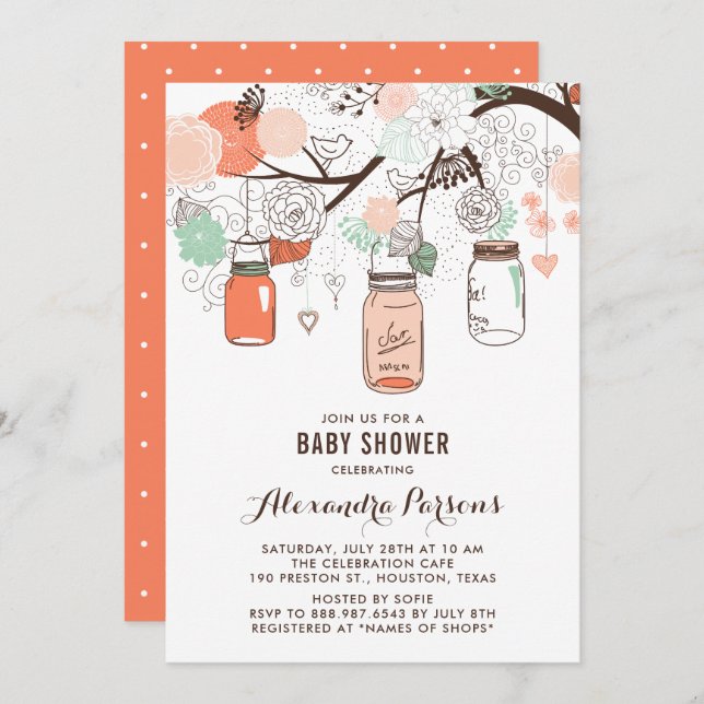 Invitation Poche & Mint Mason Jarres Baby shower Floral Invit (Devant / Derrière)