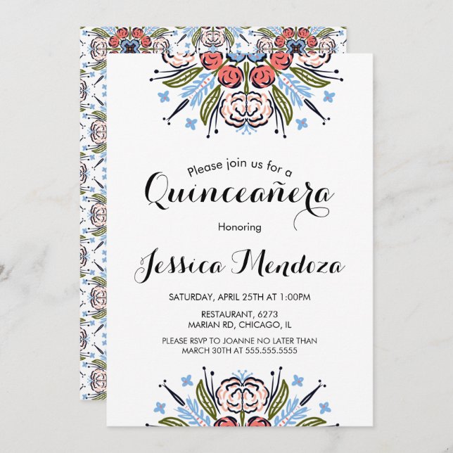 Invitation Poche tirée à la main Floral Quinceañera Sweet 16 (Devant / Derrière)