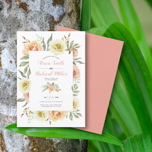 Invitation Pocher corail aquarelle fleurs mariage floral
