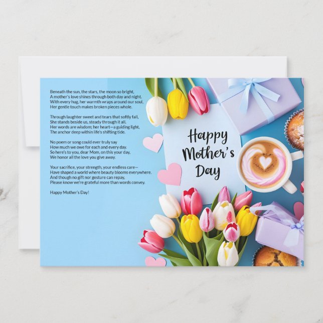 Invitation Poème de coeur avec tulipes et café Fête des Mères (Devant)