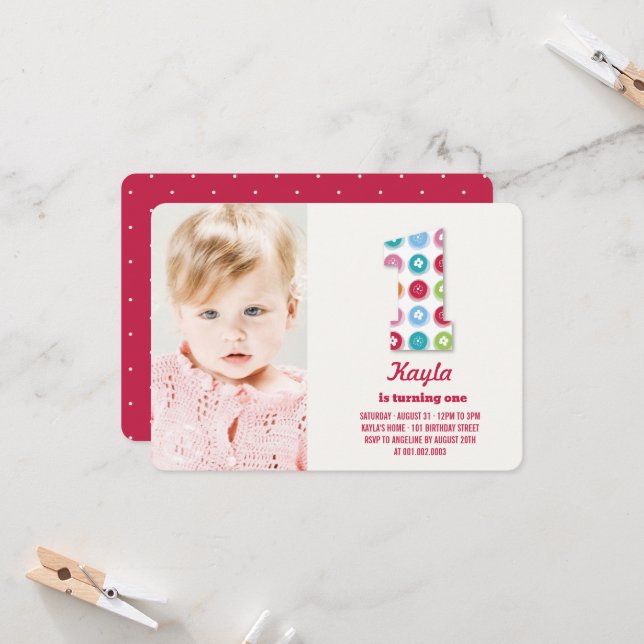 Invitation Poids Fuzzy Couleur Points 1er Anniversaire Photo  (Devant/Arrière en situation)