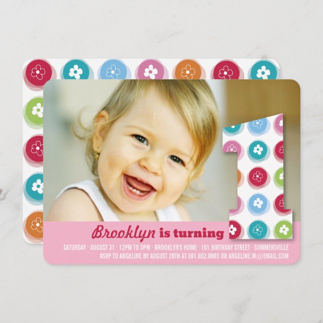 Invitation Poids Fuzzy Couleur Points 1er Anniversaire Photo  (Devant / Derrière)