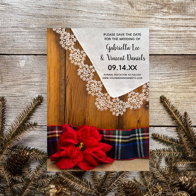 Invitation Poinsététie rouge rustique plaid hiver Enregistrer (Set a natural yet festive tone for your rustic winter marriage ceremony and reception.)