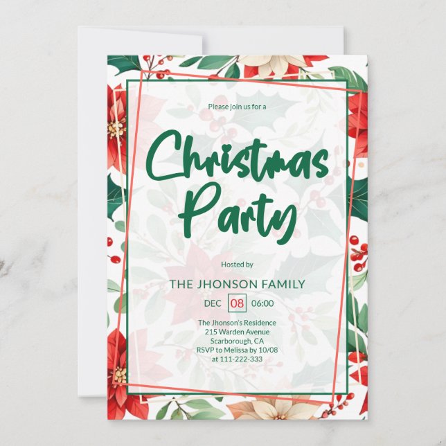 Invitation Poinsettia and Berry Pattern Christmas Party (Devant)
