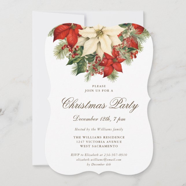 Invitation Poinsettia Berries Botanical Christmas Party (Devant)