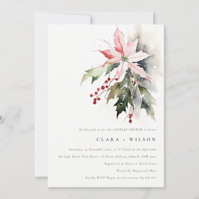 Invitation Poinsettia Berry Foliage Aquarelle Couples Douche (Devant)