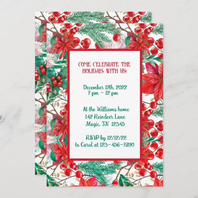 Invitation Poinsettia, Branches de pin et Baies Rouges  (Devant / Derrière)