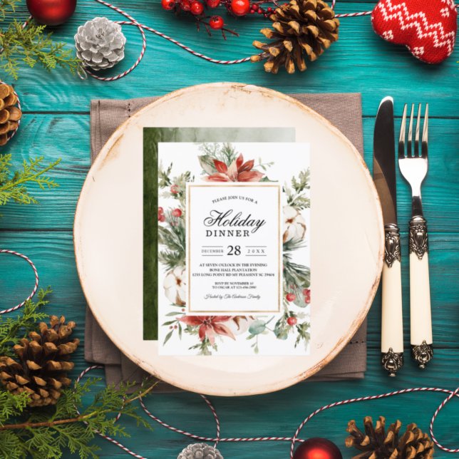 Invitation Poinsettia d'hiver à l'aquarelle & Sapin vert (Créateur téléchargé)