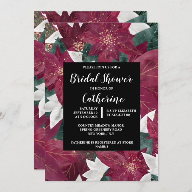 Invitation Poinsettia faux feuille or rouge blanc floral chic (Devant / Derrière)