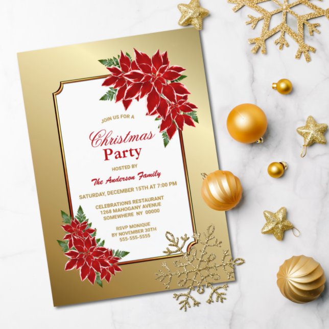 Invitation Poinsettia fête de Noël Gold Bordée (Créateur téléchargé)