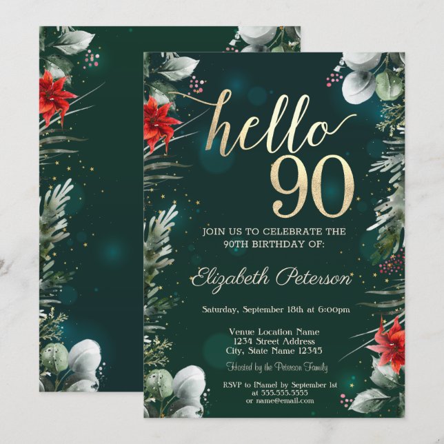 Invitation Poinsettia Fleur d'Hiver Vert 90e Anniversaire (Devant / Derrière)