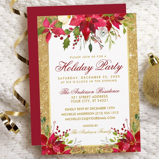 Invitation Poinsettia Floral Gold Parties scintillant Red Hol (Customize to change text color, size, style or to change color of back of card.)
