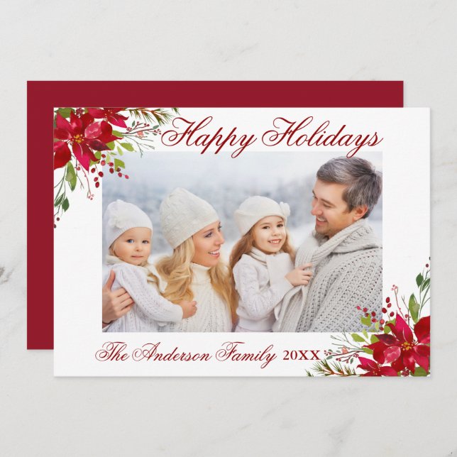 Invitation Poinsettia Floral Photo Red Happy Holidays Card (Devant / Derrière)