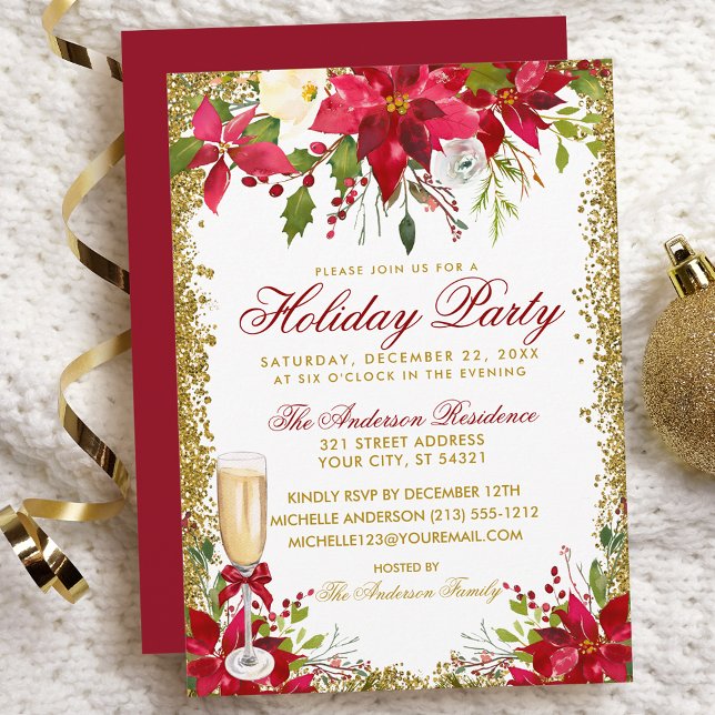 Invitation Poinsettia Florale Champagne Verre Fête (Customize to change text color, size, style or to change color of back of card.)