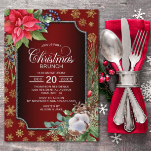 Invitation Poinsettia Gold Snowflakes Red Christmas Brunch