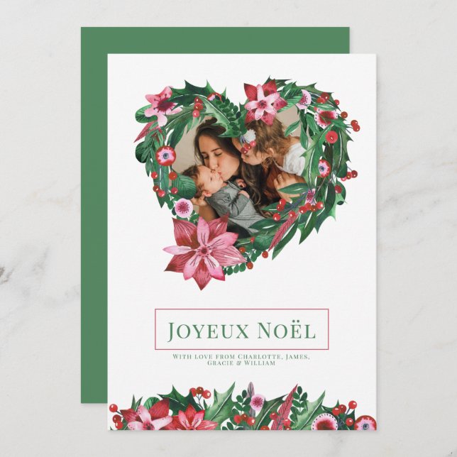 Invitation Poinsettia Heart Wreath Joyeux Noël Christmas Card (Devant / Derrière)