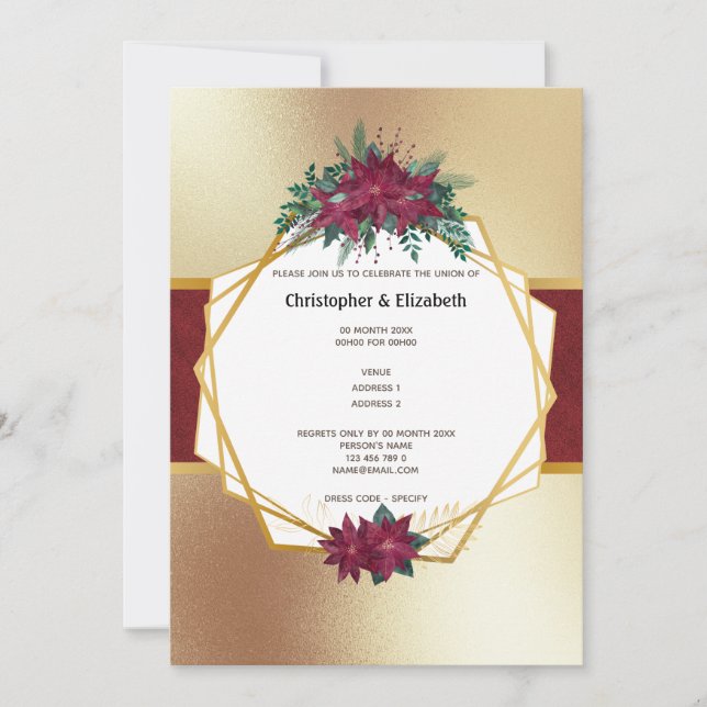 Invitation Poinsettia or fleur de Noël Bourgogne mariage (Devant)