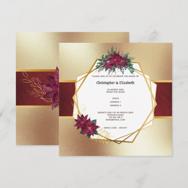 Invitation Poinsettia or fleur de Noël Bourgogne mariage (Devant / Derrière)