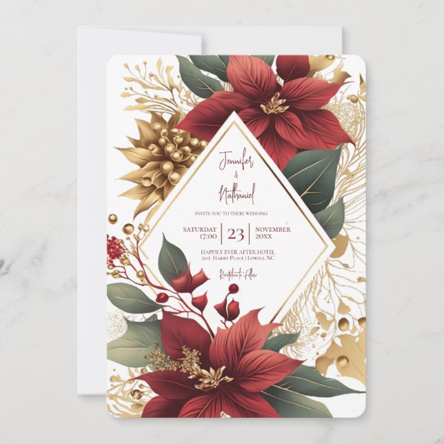 Invitation Poinsettia Or Noël Mariage Fête (Devant)