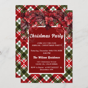 Invitation Poinsettia Plaid Tartan Kraft Noël rustique