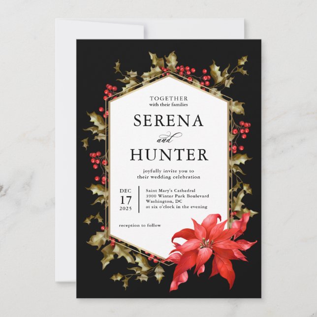 Invitation Poinsettia rouge et mariage hivernal creux (Devant)