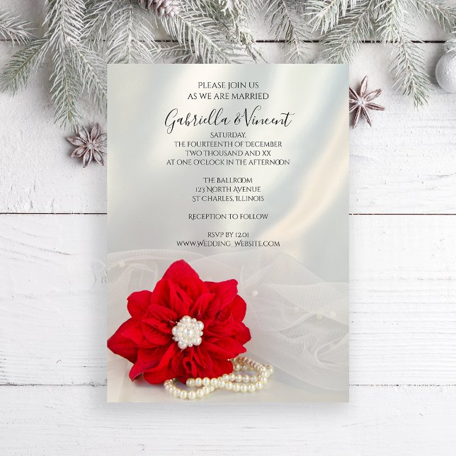 Invitation Poinsettia rouge et perles blanches Mariage d'hive (Set the tone for your wintery marriage with the elegant Poinsettia and Pearls Wedding Invitation.)