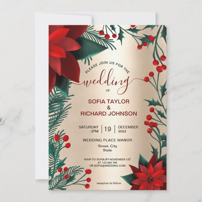 Invitation Poinsettia rouge floral Noël aquarelle mariage (Devant)
