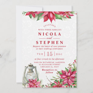 Invitation Poinsettia Rouge & Lanterne Mariage d'Hiver