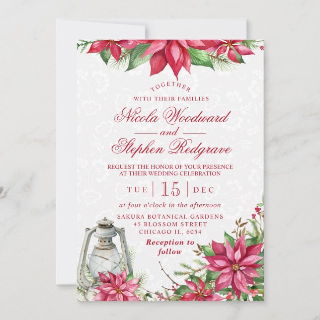 Invitation Poinsettia Rouge & Lanterne Mariage d'Hiver (Devant)