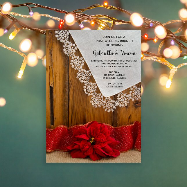 Invitation Poinsettia Rouge Rustique Brunchtard d'hiver après (Set a festive tone to your day after celebration with this rustic chic post wedding brunch invite.)