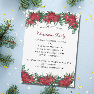 Invitation Poinsettia Rouge Vert Fête Noël Party