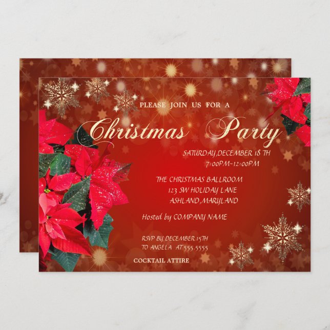 Invitation Poinsettia Snowflakes, fête de Noël d'entreprise (Devant / Derrière)