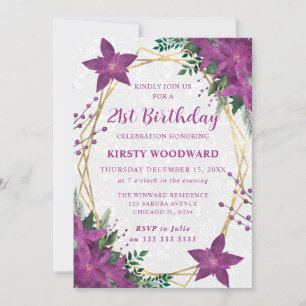Invitation Poinsettia Violet Élégant Anniversaire des 21 ans