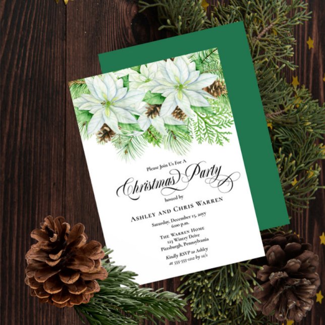 Invitation Poinsettias blanches | Fête de Noël Pinecones Pine (Créateur téléchargé)