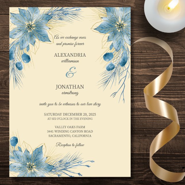 Invitation Poinsettias Bleus et Dorés Modernes sur Mariage Do (Créateur téléchargé)