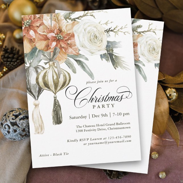 Invitation Poinsettias et ornements élégants Noël (Personalize this elegant Christmas Party invitation with your event details.)