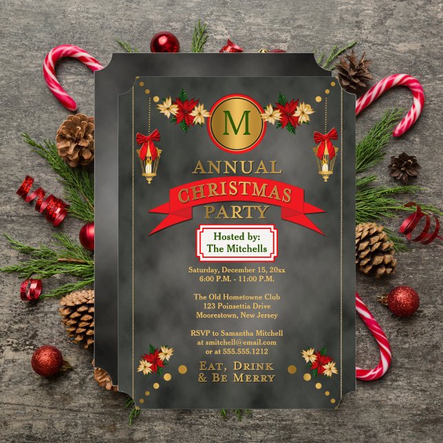 Invitation Poinsettias | Fête de Noël Monogramme (Poinsettias Lanterns Monogram Christmas Party Invitation)