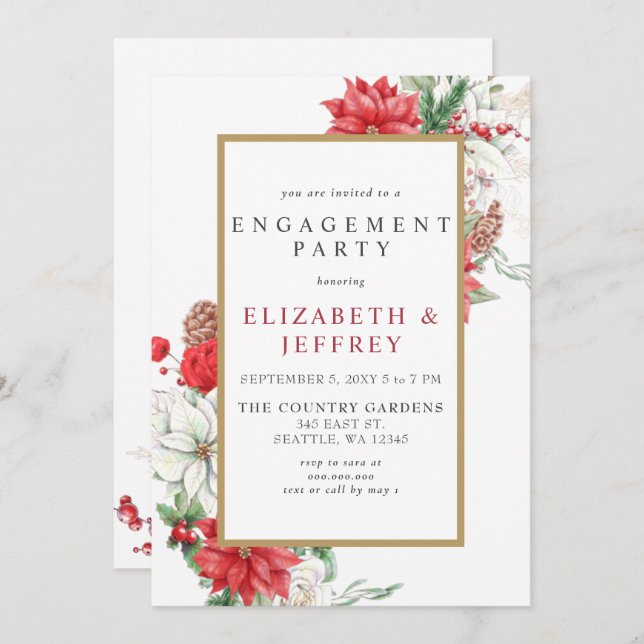 Invitation Poinsettias Gold Holly Noël (Devant / Derrière)