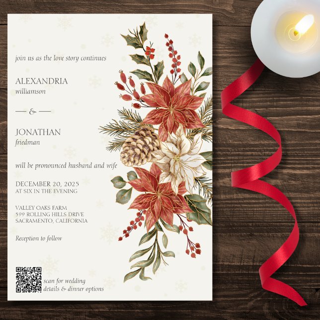 Invitation Poinsettias rouge et ivoire sur le Mariage du code (Also available without QR code. )