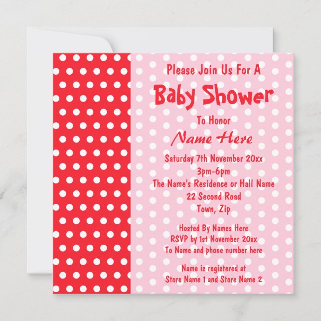 Invitation Point Polka rouge et rose, Baby shower personnalis (Devant)