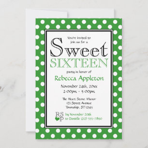 Invitation Pointe Polka Green & White Sweet sixteen Invitatio