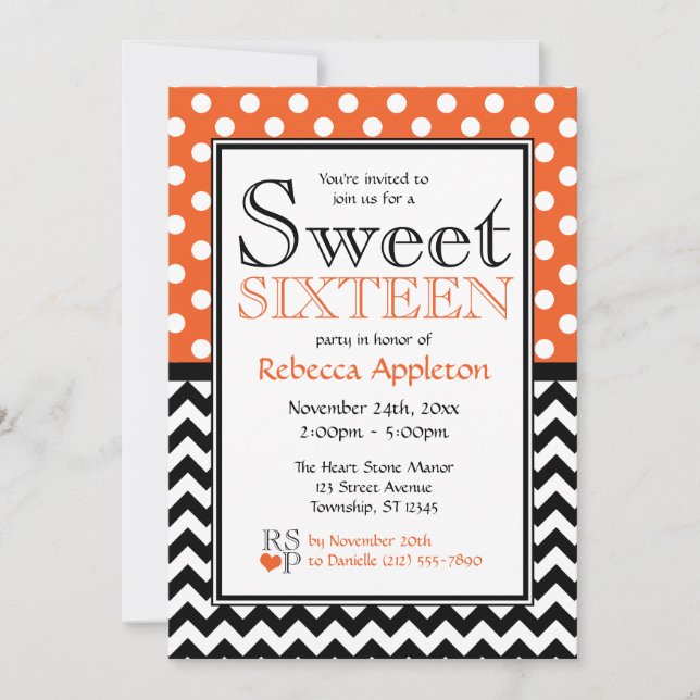 Invitation Pointe Polka Orange Chevron Sweet sixteen Invitati (Devant)