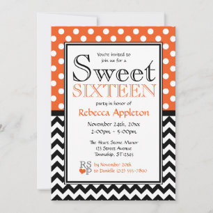 Invitation Pointe Polka Orange Chevron Sweet sixteen Invitati